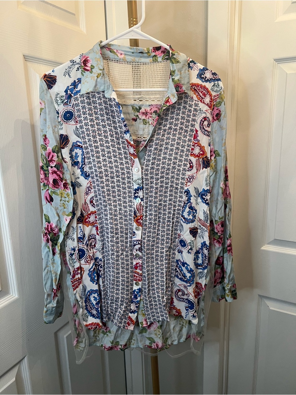John Mark White Button-Down Floral Patchwork Top with Blue and Pink Accents